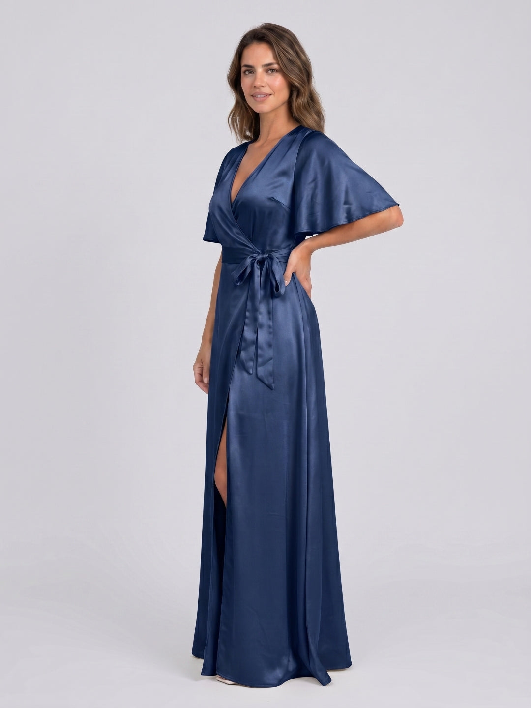 Navy Blue Satin A-Line V-Neck Floor-Length Bridesmaid Dress - Curvevia