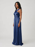 Navy Blue Satin A-Line V-Neck Floor-Length Bridesmaid Dress - Curvevia