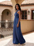 Navy Blue Satin A-Line V-Neck Floor-Length Bridesmaid Dress - Curvevia