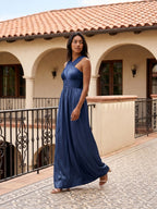 Navy Blue Satin A-Line V-Neck Floor-Length Bridesmaid Dress - Curvevia