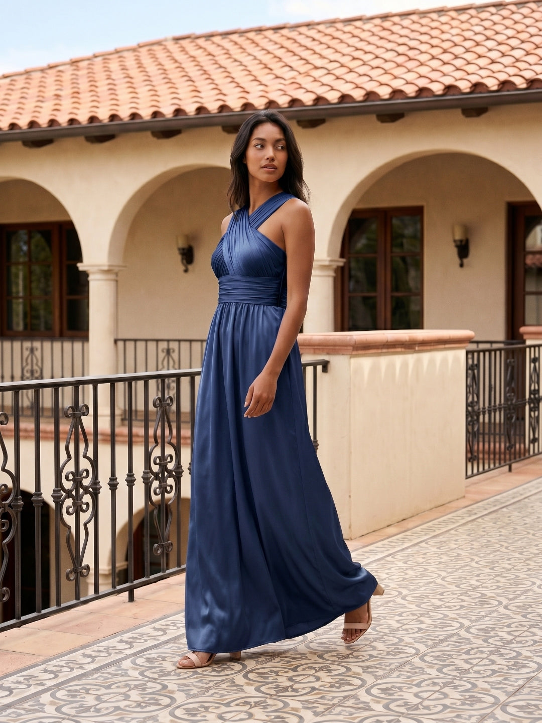 Navy Blue Satin A-Line V-Neck Floor-Length Bridesmaid Dress - Curvevia