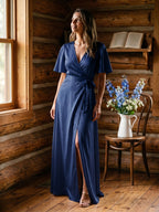 Navy Blue Satin A-Line V-Neck Floor-Length Bridesmaid Dress - Curvevia
