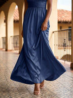 Navy Blue Satin A-Line V-Neck Floor-Length Bridesmaid Dress - Curvevia