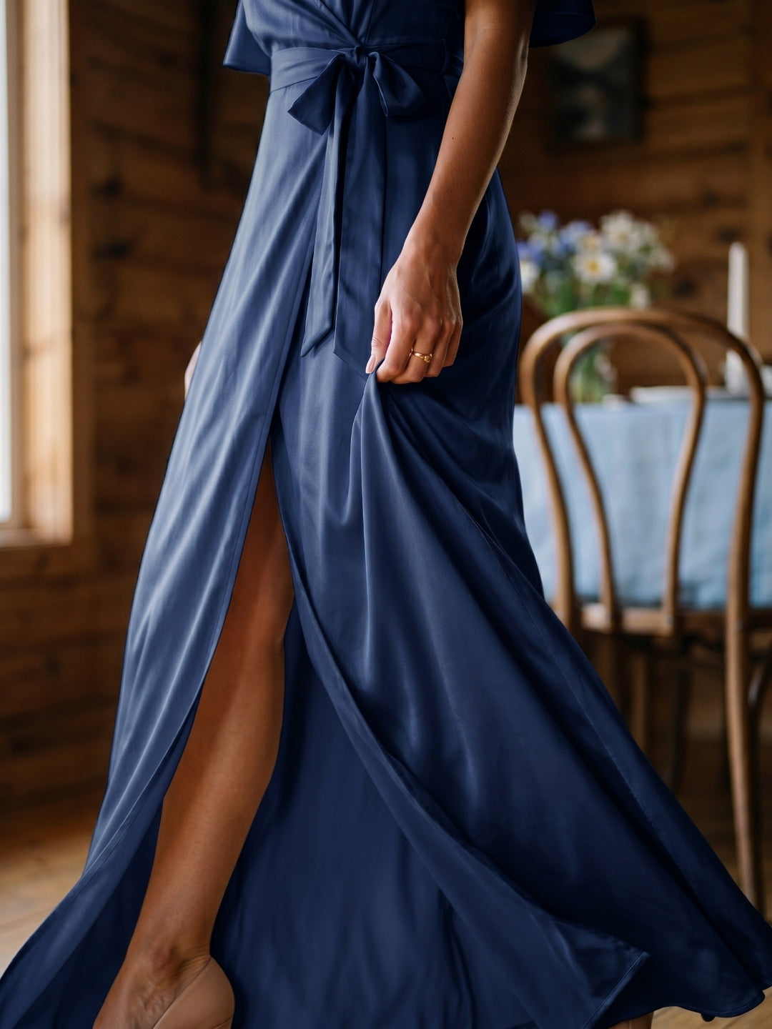 Navy Blue Satin A-Line V-Neck Floor-Length Bridesmaid Dress - Curvevia