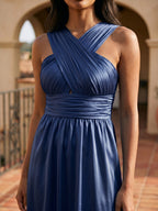 Navy Blue Satin A-Line V-Neck Floor-Length Bridesmaid Dress - Curvevia