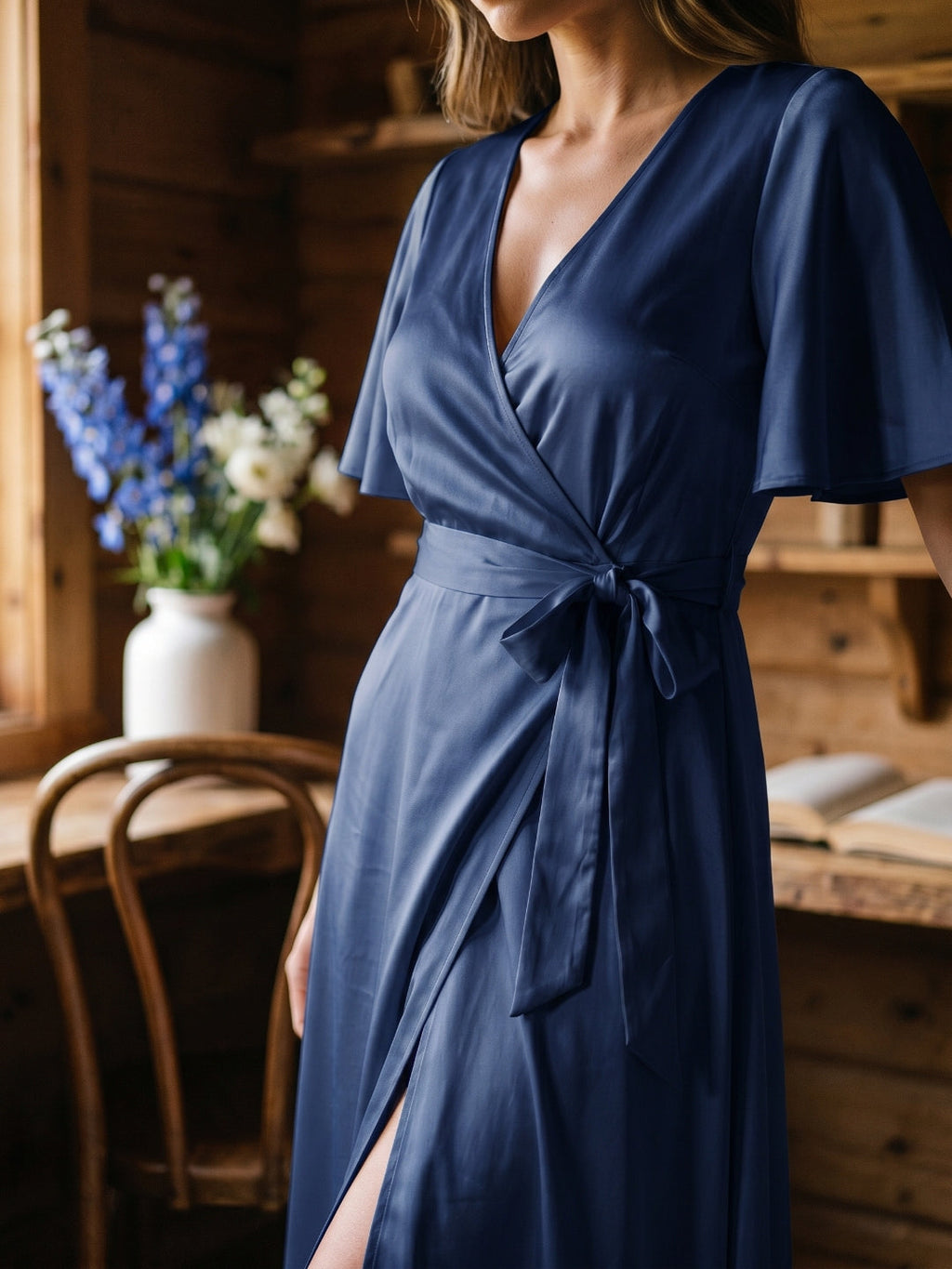 Navy Blue Satin A-Line V-Neck Floor-Length Bridesmaid Dress - Curvevia