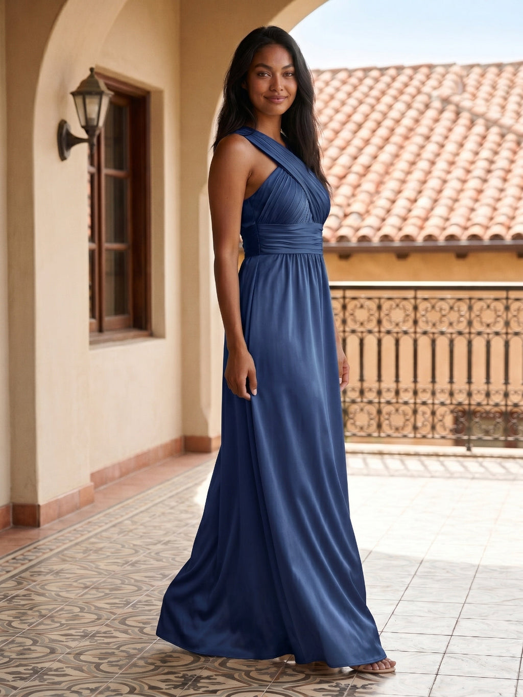 Navy Blue Satin A-Line V-Neck Floor-Length Bridesmaid Dress - Curvevia
