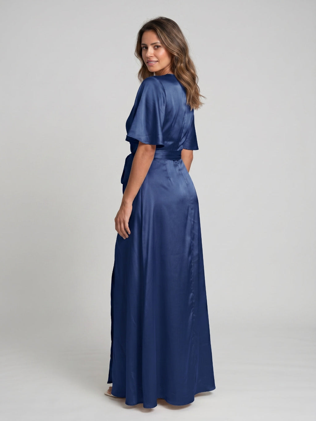 Navy Blue Satin A-Line V-Neck Floor-Length Bridesmaid Dress - Curvevia