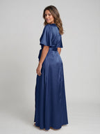 Navy Blue Satin A-Line V-Neck Floor-Length Bridesmaid Dress - Curvevia