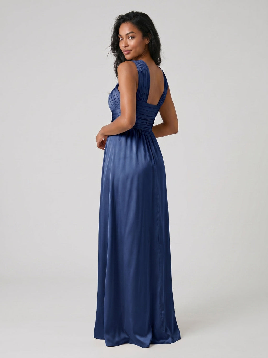 Navy Blue Satin A-Line V-Neck Floor-Length Bridesmaid Dress - Curvevia
