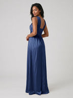 Navy Blue Satin A-Line V-Neck Floor-Length Bridesmaid Dress - Curvevia