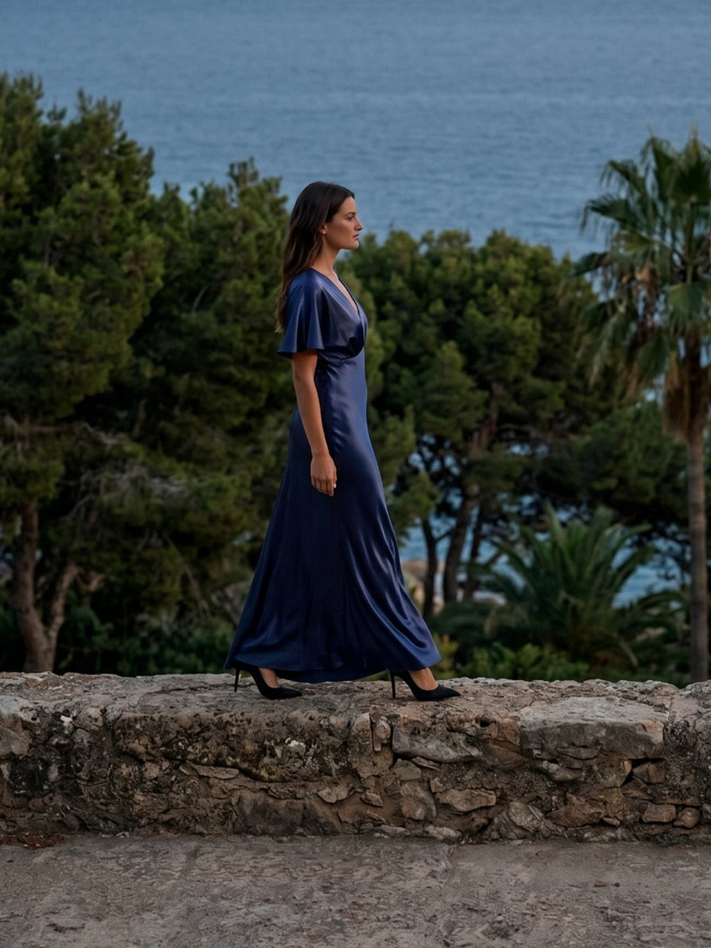 Navy Blue Satin A-Line V-Neck Side Zip Floor-Length Bridesmaid Dress - Curvevia