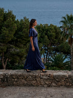 Navy Blue Satin A-Line V-Neck Side Zip Floor-Length Bridesmaid Dress - Curvevia