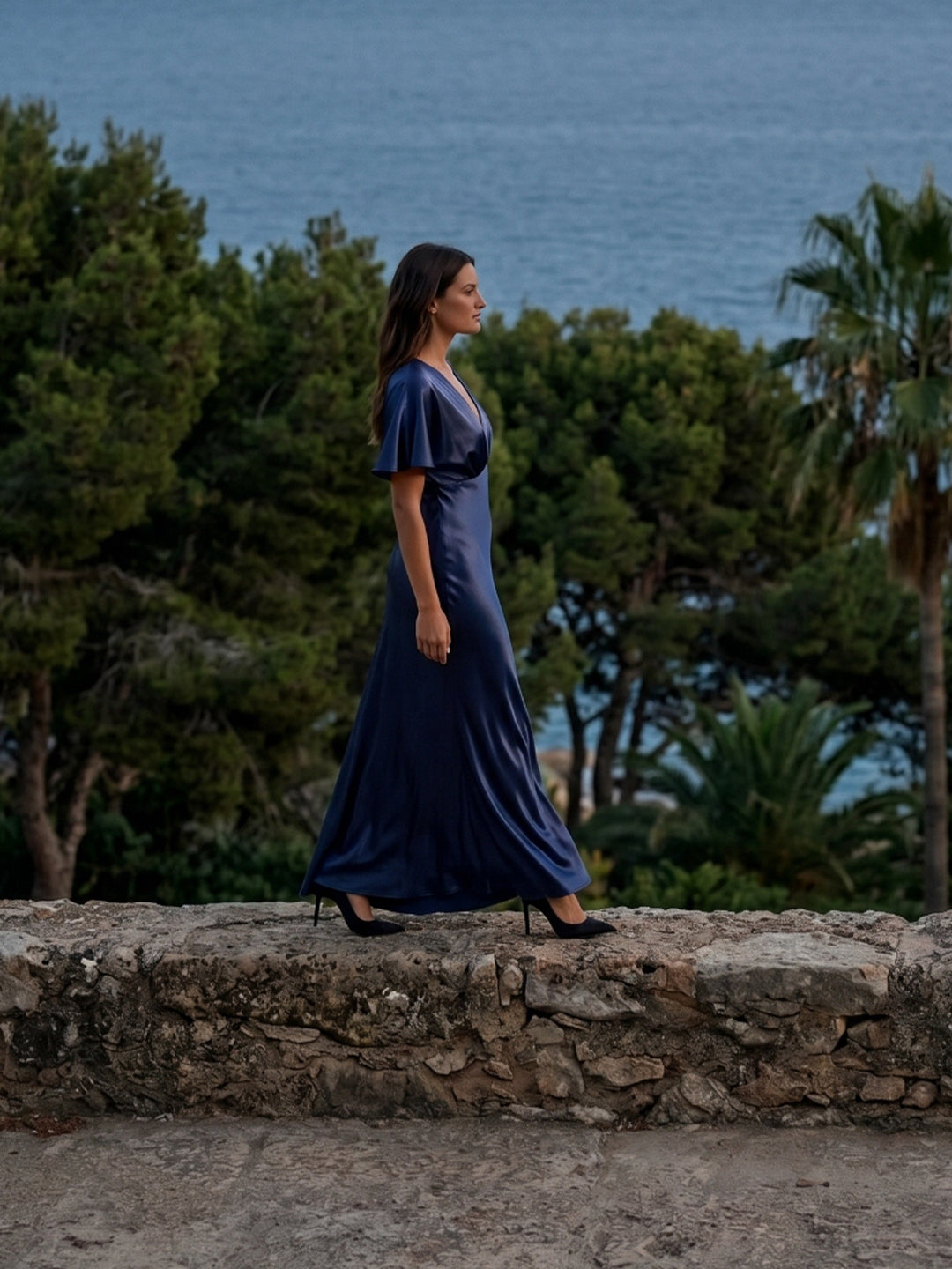 Navy Blue Satin A-Line V-Neck Side Zip Floor-Length Bridesmaid Dress - Curvevia