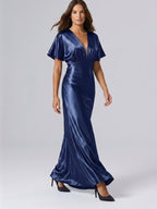 Navy Blue Satin A-Line V-Neck Side Zip Floor-Length Bridesmaid Dress - Curvevia