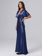 Navy Blue Satin A-Line V-Neck Side Zip Floor-Length Bridesmaid Dress - Curvevia