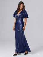 Navy Blue Satin A-Line V-Neck Side Zip Floor-Length Bridesmaid Dress - Curvevia