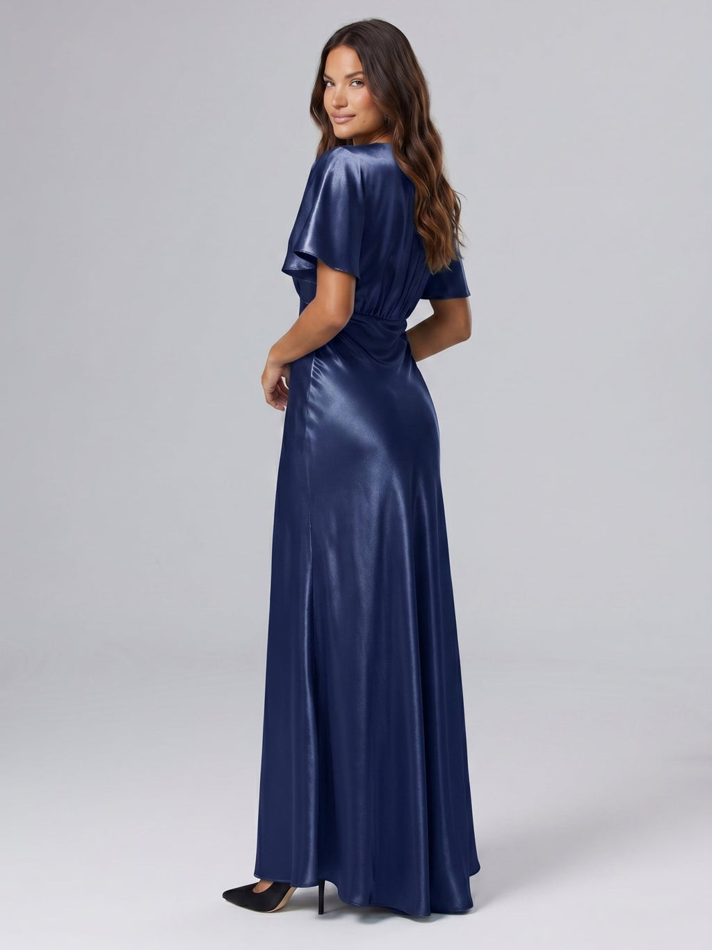 Navy Blue Satin A-Line V-Neck Side Zip Floor-Length Bridesmaid Dress - Curvevia