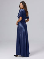 Navy Blue Satin A-Line V-Neck Side Zip Floor-Length Bridesmaid Dress - Curvevia
