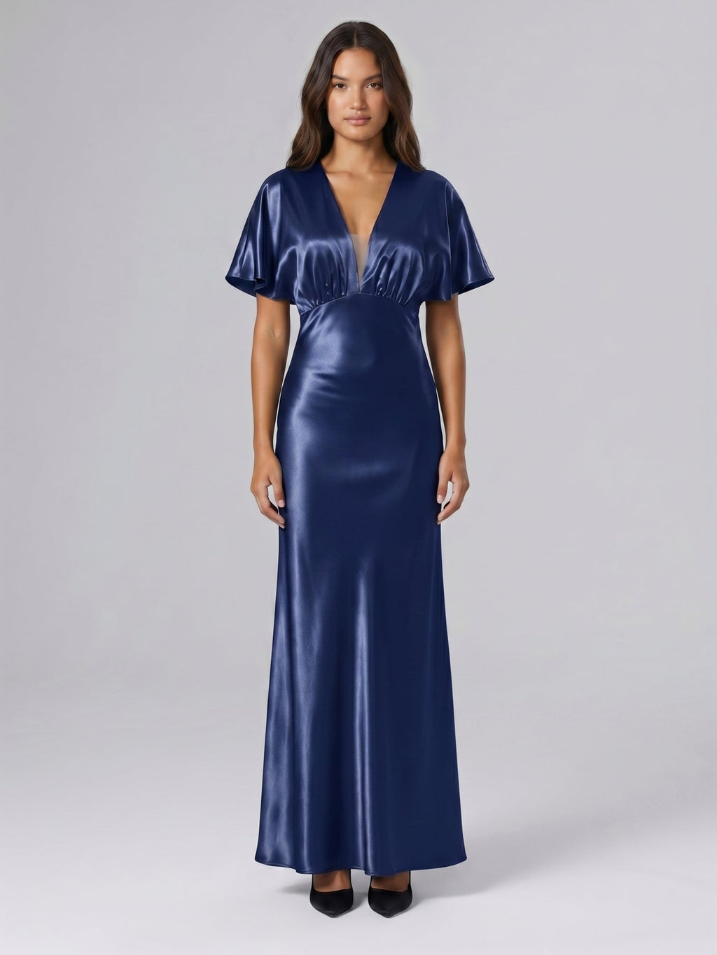 Navy Blue Satin A-Line V-Neck Side Zip Floor-Length Bridesmaid Dress - Curvevia