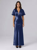 Navy Blue Satin A-Line V-Neck Side Zip Floor-Length Bridesmaid Dress - Curvevia