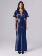 Navy Blue Satin A-Line V-Neck Side Zip Floor-Length Bridesmaid Dress - Curvevia