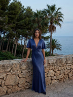 Navy Blue Satin A-Line V-Neck Side Zip Floor-Length Bridesmaid Dress - Curvevia