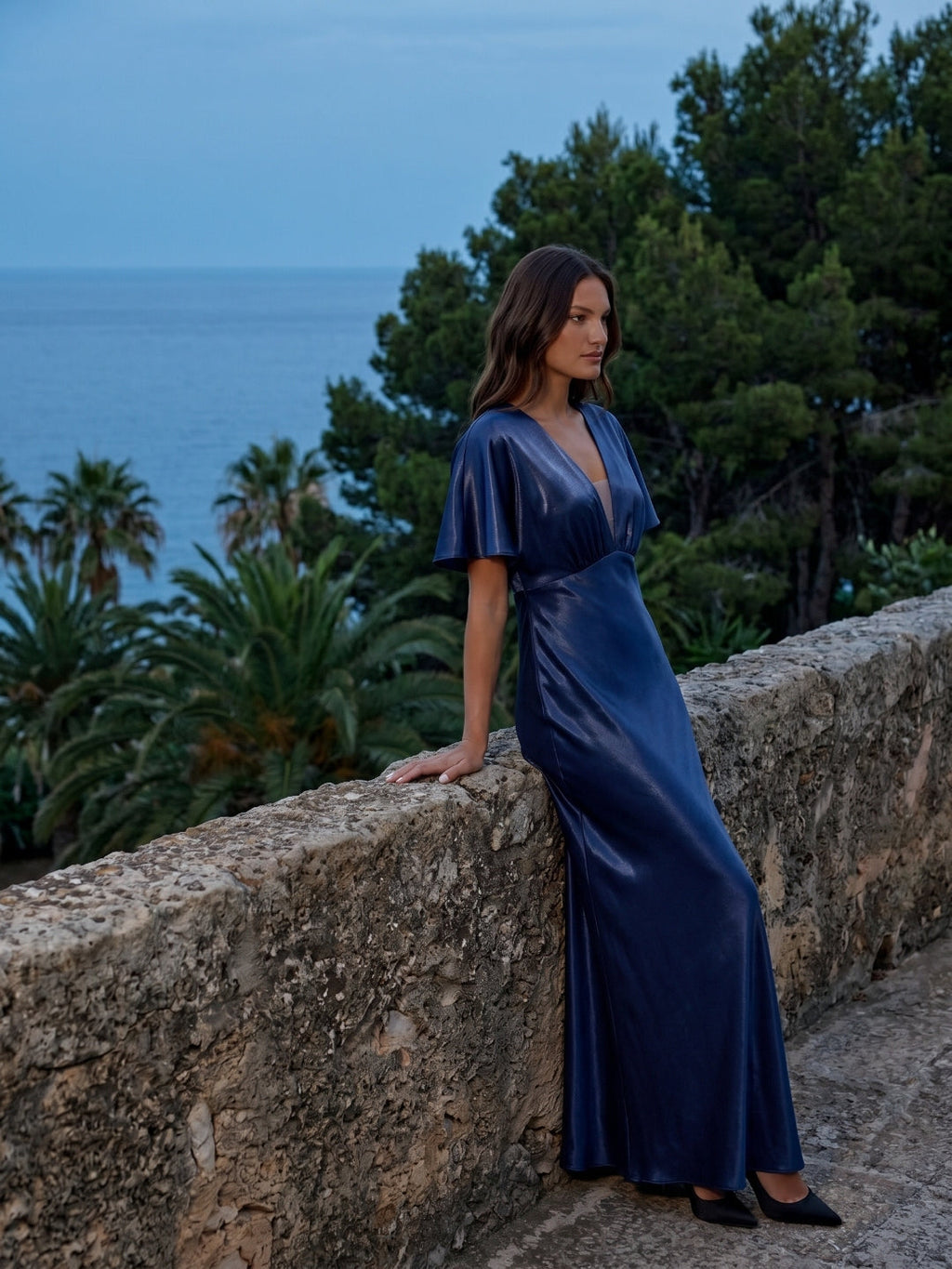 Navy Blue Satin A-Line V-Neck Side Zip Floor-Length Bridesmaid Dress - Curvevia