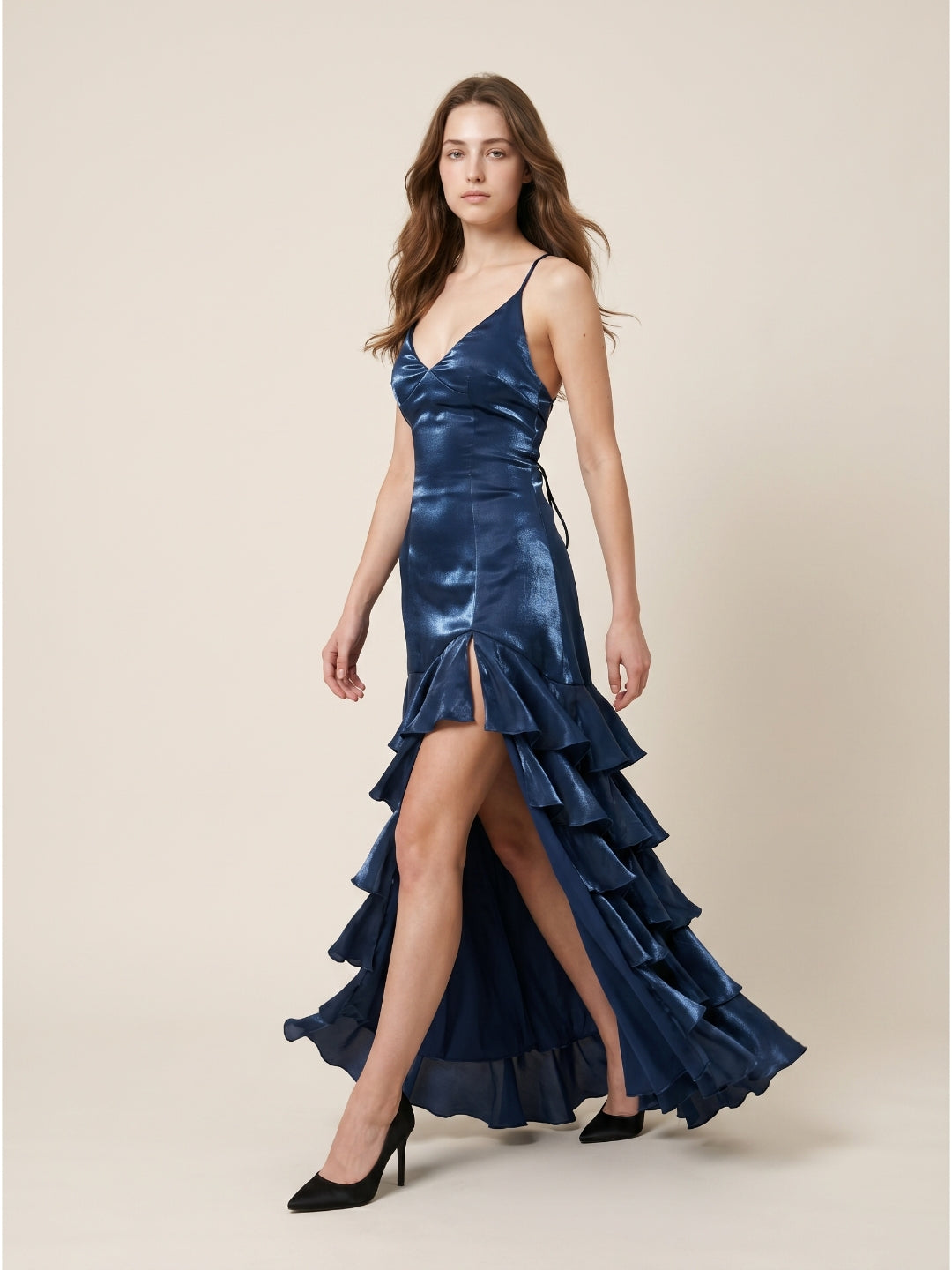 Navy Blue Satin Mermaid V-Neck Lace-Up Back Floor-Length Evening Dress with Cascading Ruffles - Curvevia