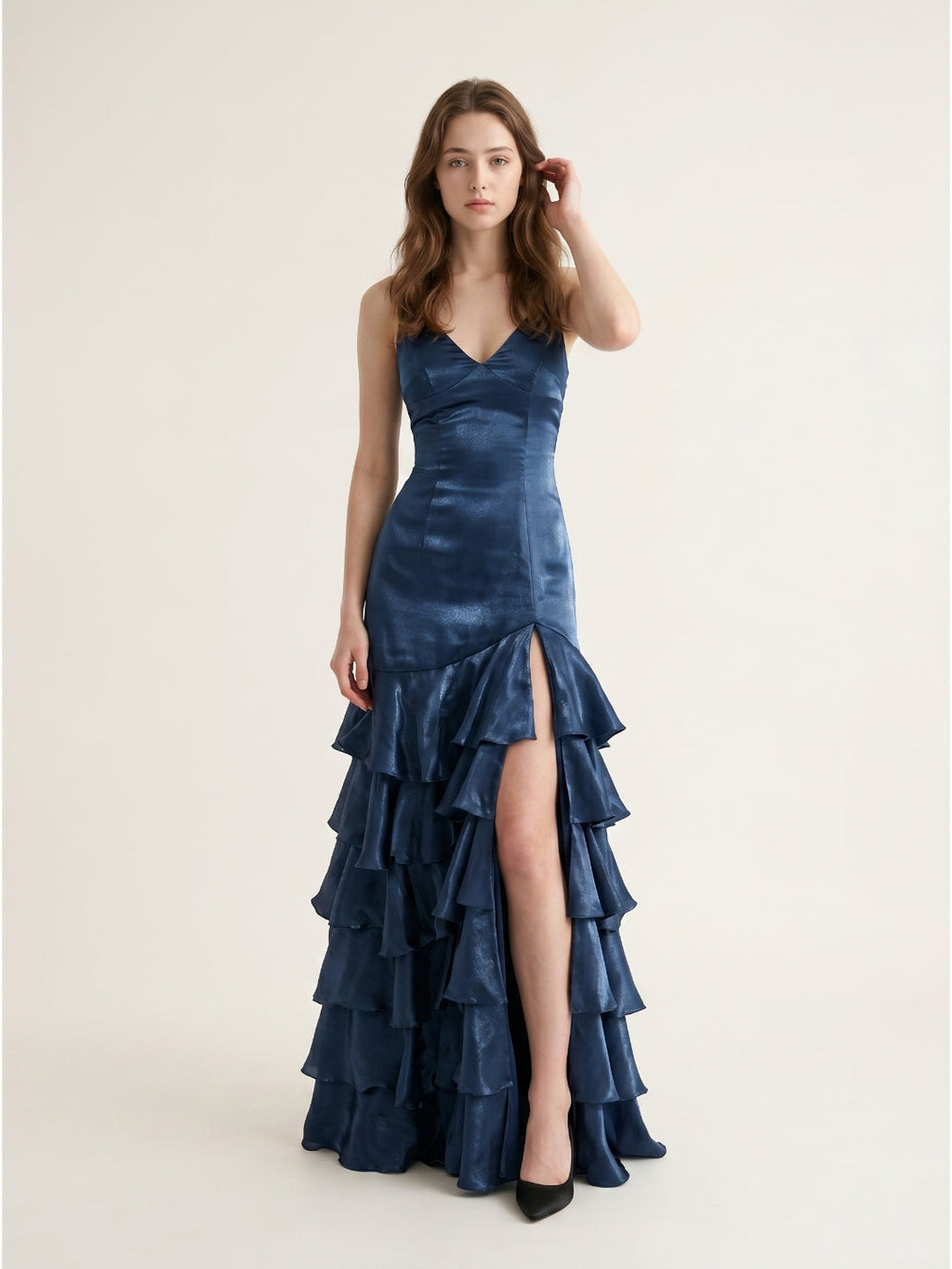 Navy Blue Satin Mermaid V-Neck Lace-Up Back Floor-Length Evening Dress with Cascading Ruffles - Curvevia