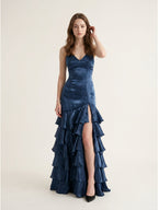Navy Blue Satin Mermaid V-Neck Lace-Up Back Floor-Length Evening Dress with Cascading Ruffles - Curvevia