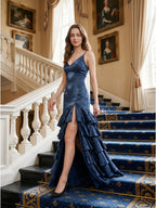 Navy Blue Satin Mermaid V-Neck Lace-Up Back Floor-Length Evening Dress with Cascading Ruffles - Curvevia