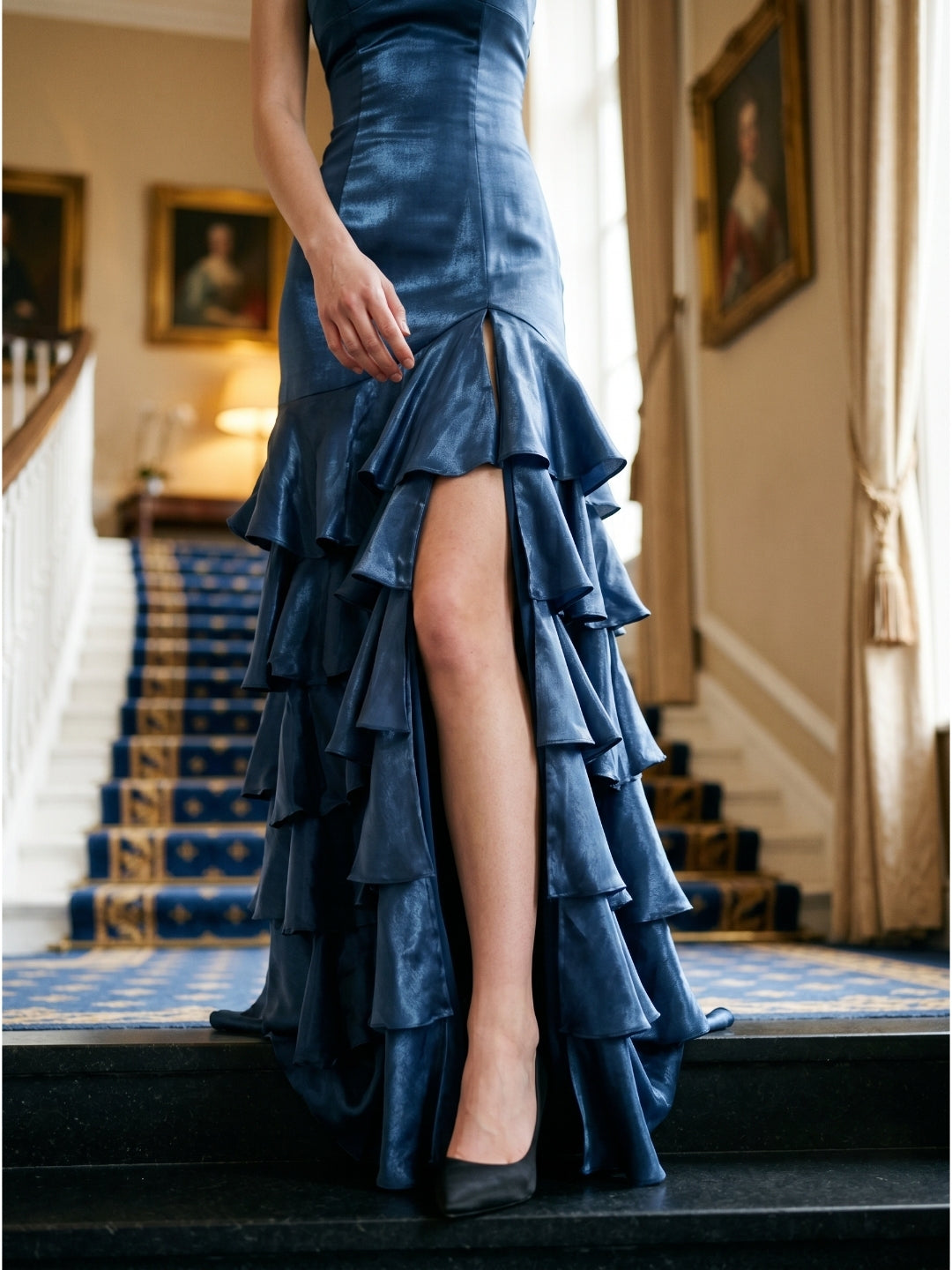 Navy Blue Satin Mermaid V-Neck Lace-Up Back Floor-Length Evening Dress with Cascading Ruffles - Curvevia