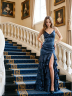 Navy Blue Satin Mermaid V-Neck Lace-Up Back Floor-Length Evening Dress with Cascading Ruffles - Curvevia