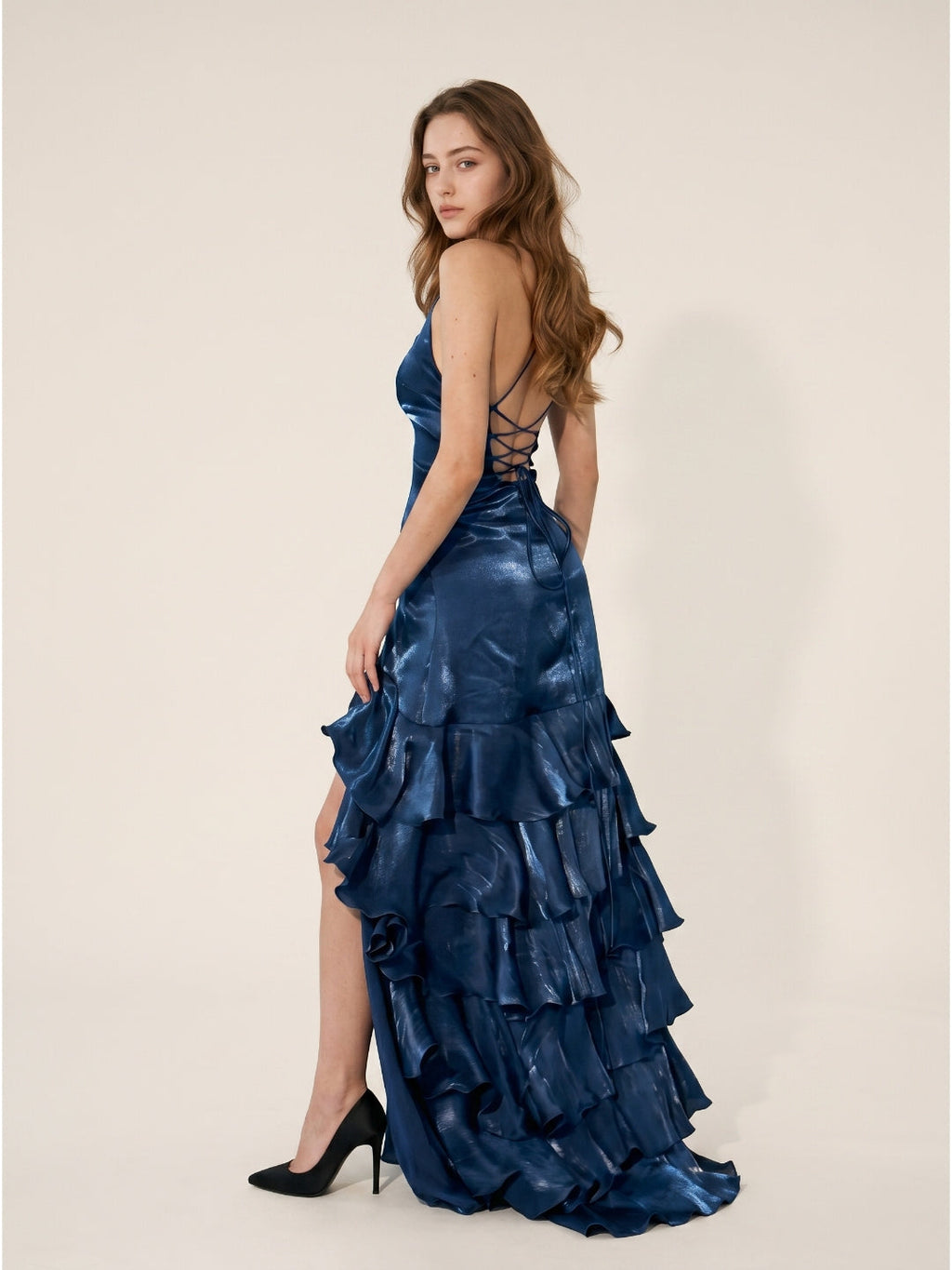 Navy Blue Satin Mermaid V-Neck Lace-Up Back Floor-Length Evening Dress with Cascading Ruffles - Curvevia