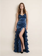 Navy Blue Satin Mermaid V-Neck Lace-Up Back Floor-Length Evening Dress with Cascading Ruffles - Curvevia