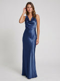 Navy Blue Satin Sheath Cowl Neck Back Zip Floor-Length Bridesmaid Dress - Curvevia