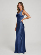 Navy Blue Satin Sheath Cowl Neck Back Zip Floor-Length Bridesmaid Dress - Curvevia