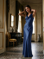 Navy Blue Satin Sheath Cowl Neck Back Zip Floor-Length Bridesmaid Dress - Curvevia
