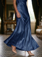 Navy Blue Satin Sheath Cowl Neck Back Zip Floor-Length Bridesmaid Dress - Curvevia