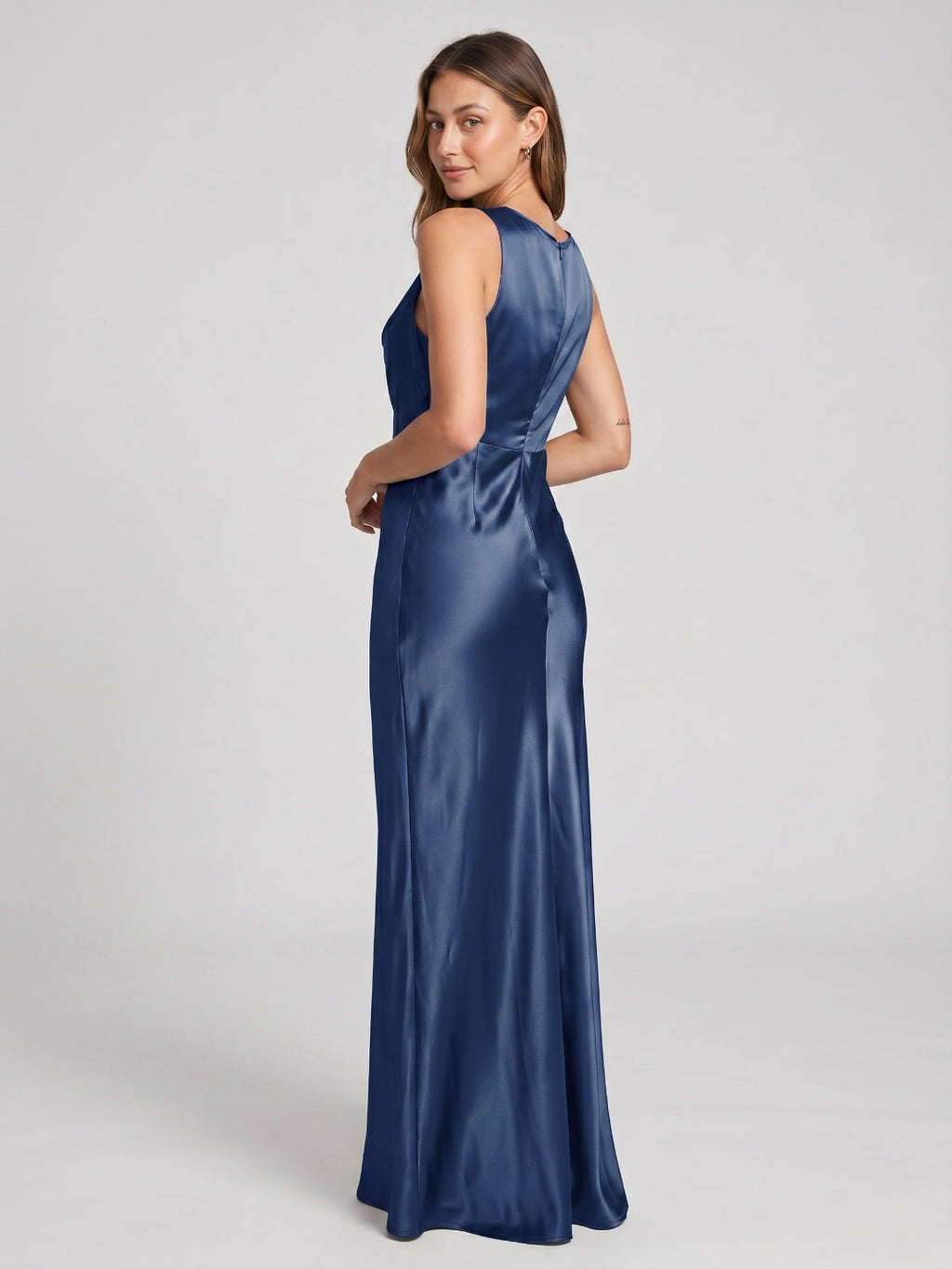 Navy Blue Satin Sheath Cowl Neck Back Zip Floor-Length Bridesmaid Dress - Curvevia