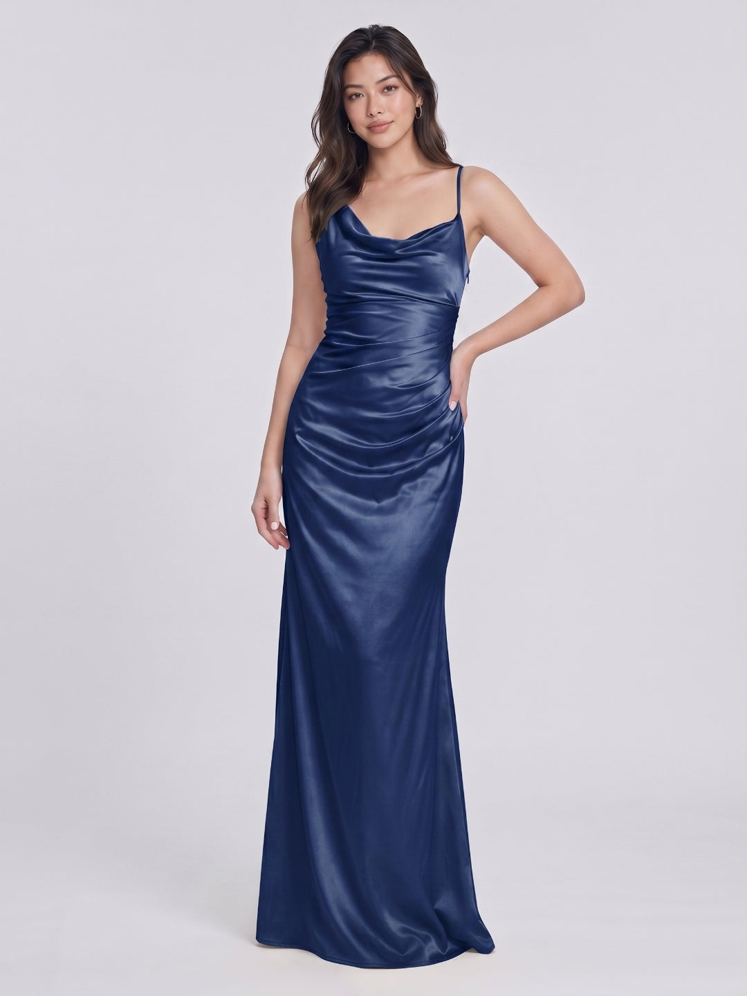 Navy Blue Satin Sheath Cowl Neck Floor-Length Bridesmaid Dress - Curvevia