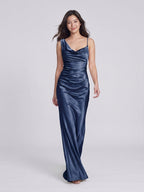 Navy Blue Satin Sheath Cowl Neck Floor-Length Bridesmaid Dress - Curvevia