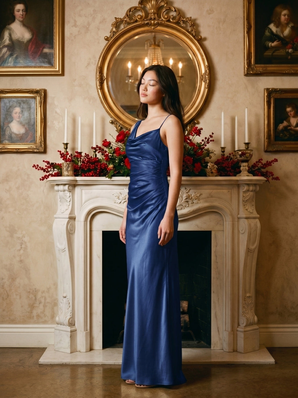 Navy Blue Satin Sheath Cowl Neck Floor-Length Bridesmaid Dress - Curvevia