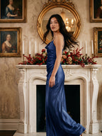 Navy Blue Satin Sheath Cowl Neck Floor-Length Bridesmaid Dress - Curvevia
