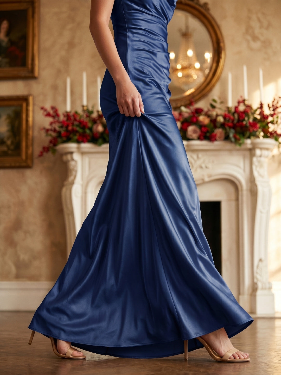 Navy Blue Satin Sheath Cowl Neck Floor-Length Bridesmaid Dress - Curvevia
