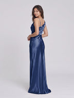 Navy Blue Satin Sheath Cowl Neck Floor-Length Bridesmaid Dress - Curvevia