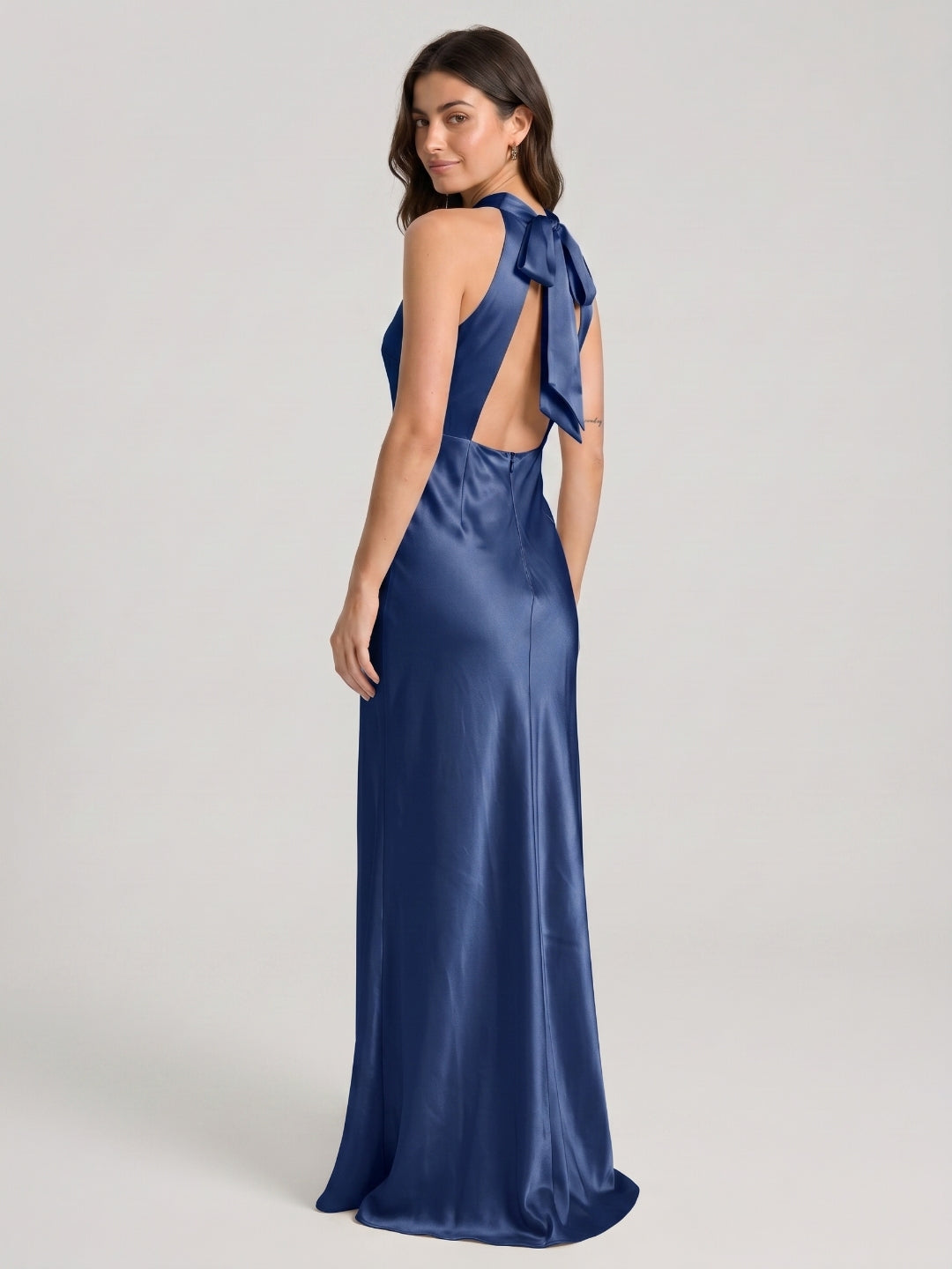 Navy Blue Satin Sheath Halter Neckline Backless Floor-Length Bridesmaid Dress - Curvevia