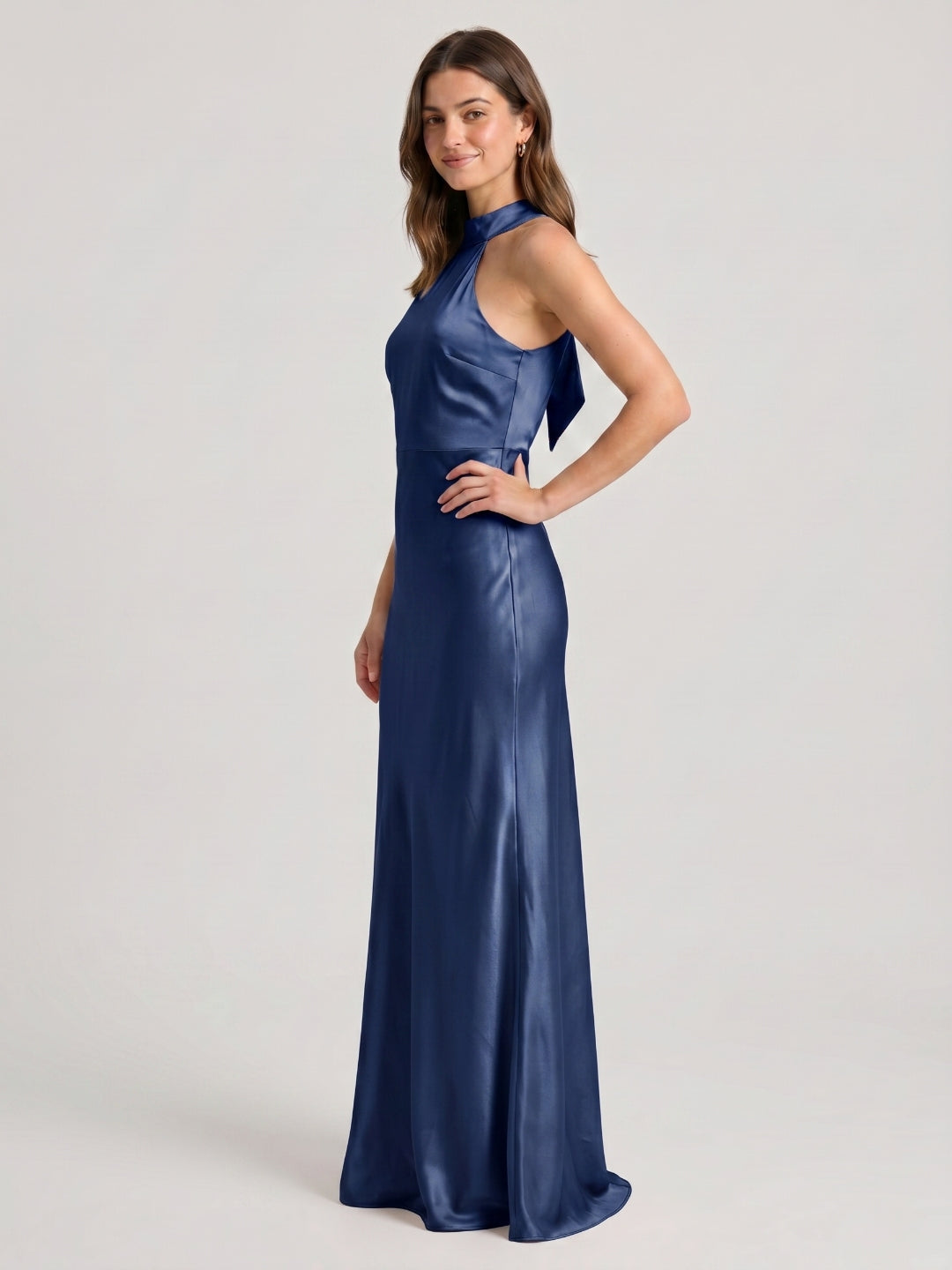 Navy Blue Satin Sheath Halter Neckline Backless Floor-Length Bridesmaid Dress - Curvevia