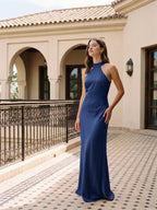 Navy Blue Satin Sheath Halter Neckline Backless Floor-Length Bridesmaid Dress - Curvevia